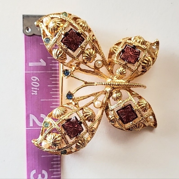 AVON BUTTERFLY PIN BROOCH - VINTAGE GOLDTONE ENAMEL RHINESTONES - Picture 5 of 7